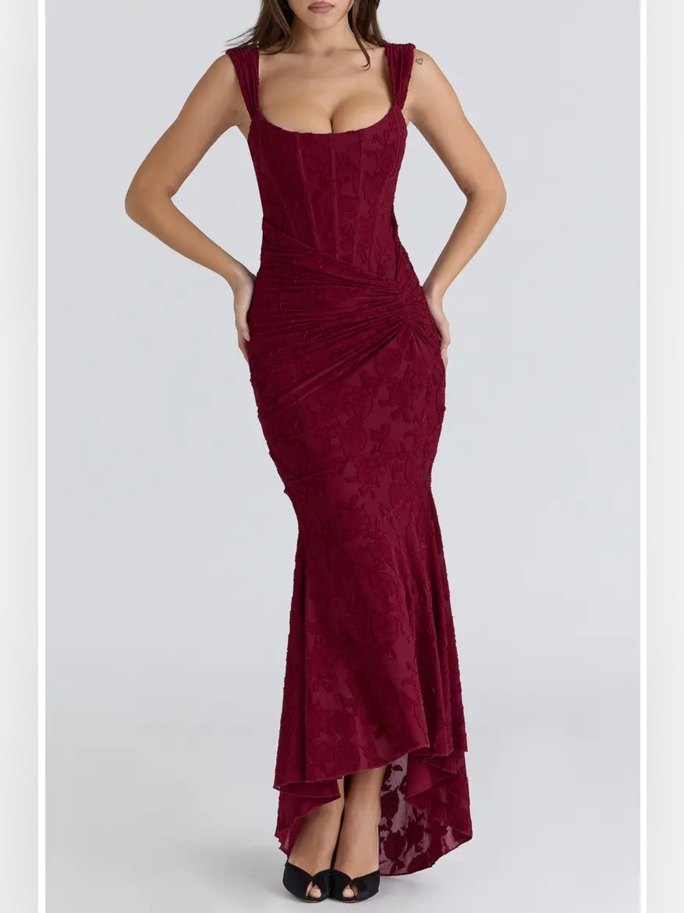 House of CB Cesca Wine Floral Lace Corset Maxi Dress Size Large